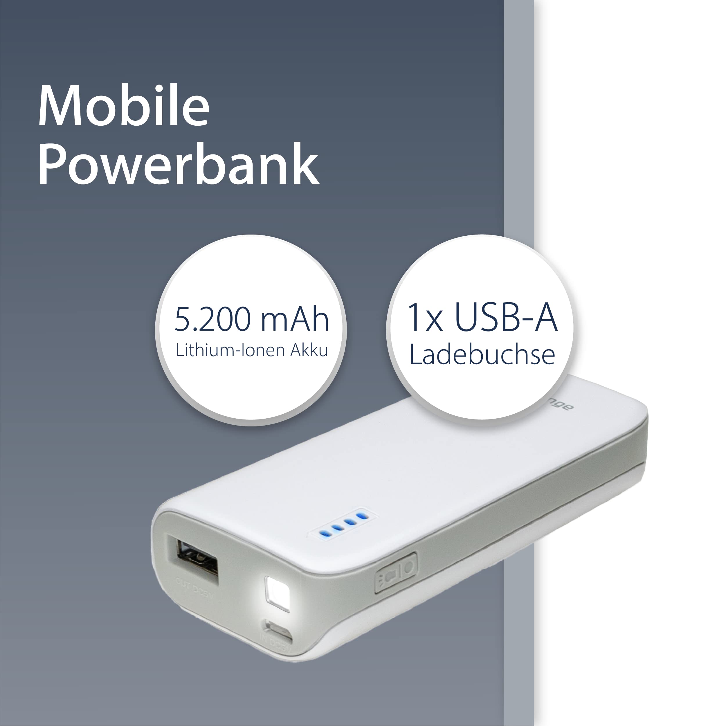 mediarange-powerbank-5-200-mah-mit-led-taschenlampe-usb-a-wei-grau image 2