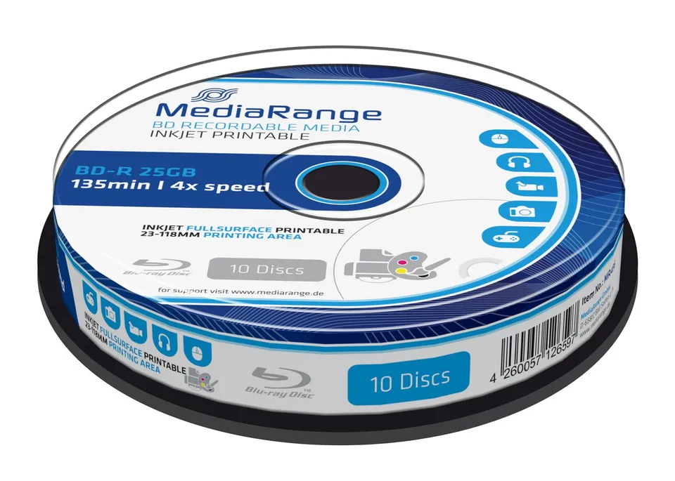 mediarange-bd-r-25-gb-4x-inkjet-bedruckbar-10er-cakebox image 1