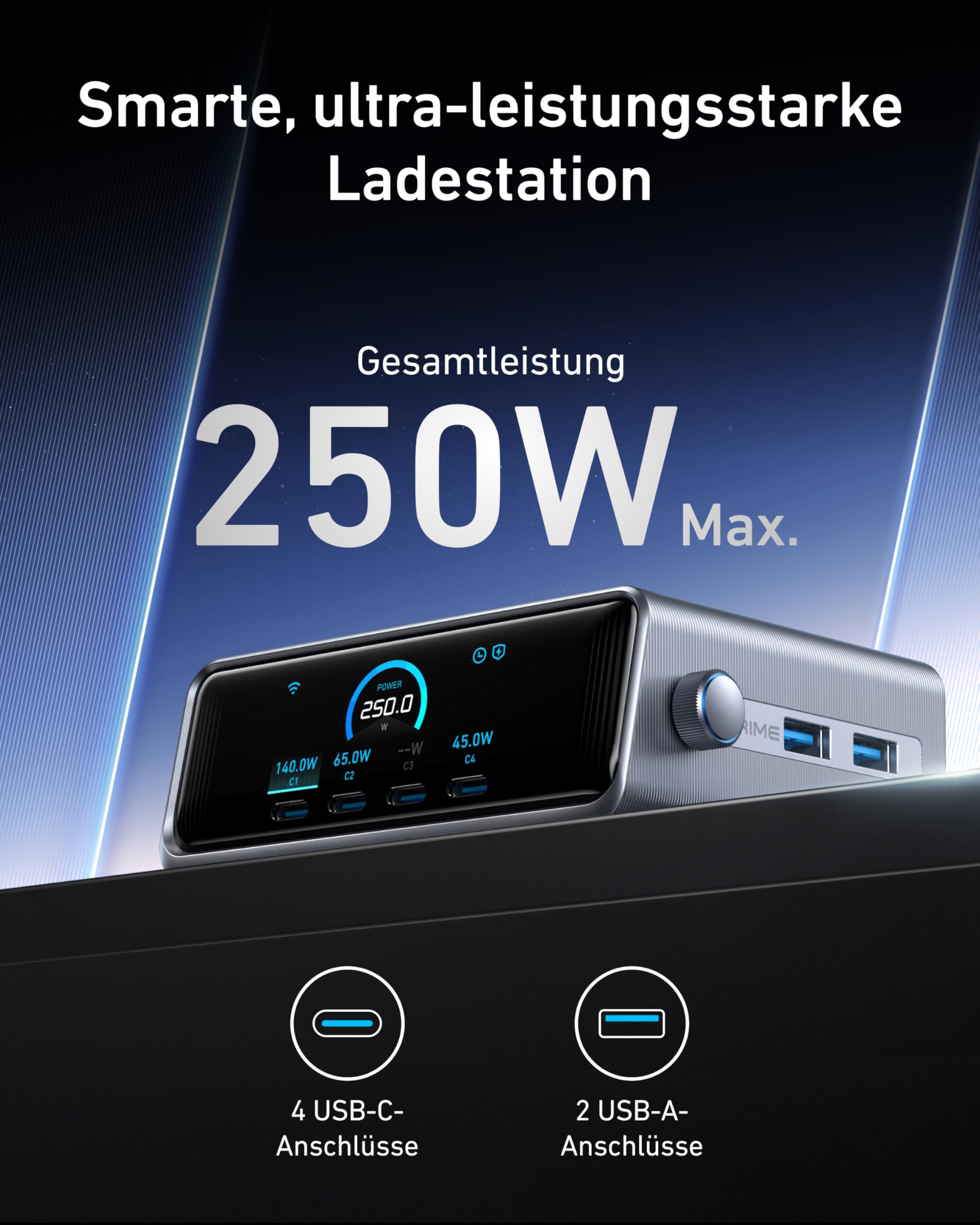 anker-prime-250w-6-port-gan-ladestation-usb-c-140w-mit-2-26-lcd-display-und-smar image 2
