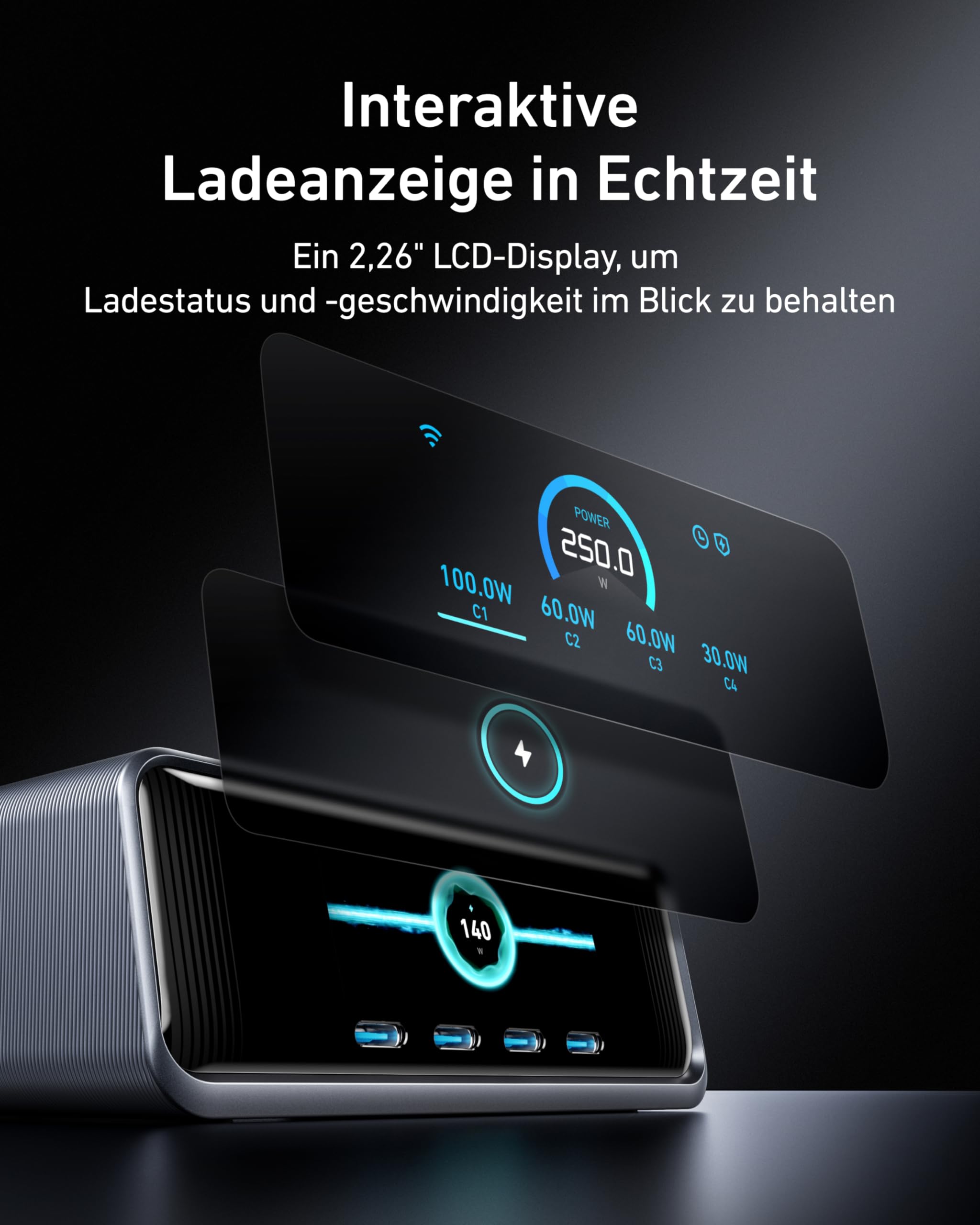anker-prime-250w-6-port-gan-ladestation-usb-c-140w-mit-2-26-lcd-display-und-smar image 4