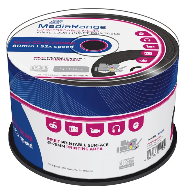 mediarange-vinyl-cd-r-700mb-80-min-52x-inkjet-bedruckbar-50er-pack image 1